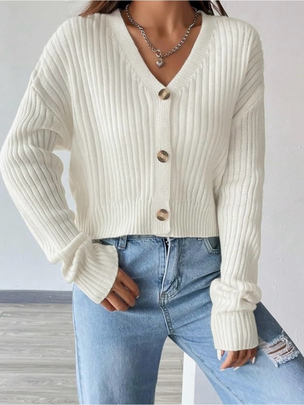 Cream V-Neck Button Cardigan Sweater